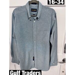 Gulf Traders No Iron Men's Casual Blue Button Down Shirt Sz 16-34